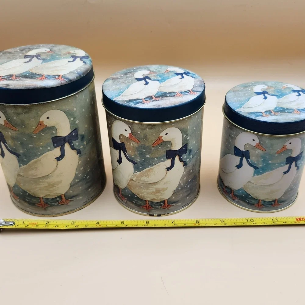 3pc Vintage Blue Ribbon Country Goose Nesting Tin Canisters Cottagecore Granny